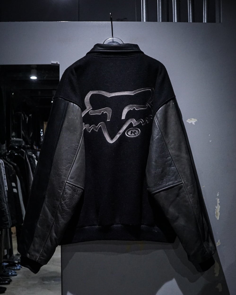 add (C) vintage】“FOX RACING” Wool × Leather Logo Embroidery