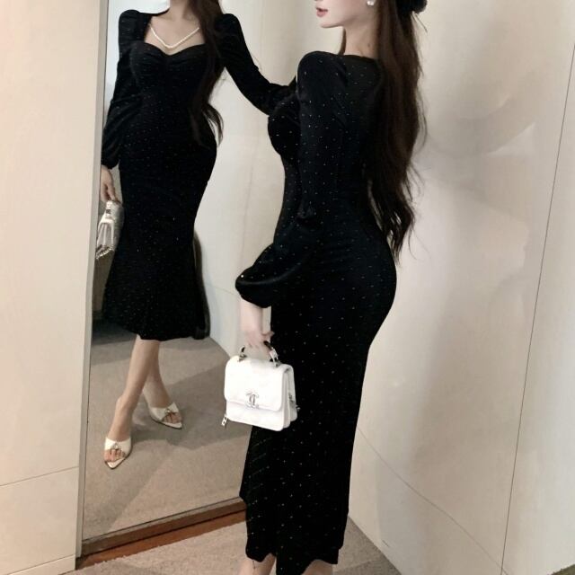 FORFORMO ドットロングワンピース 2 ブラック ドット柄ロングワンピースブラック