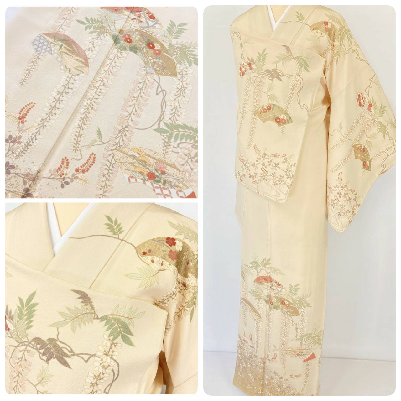 京友禅 やまと誂製 金駒刺繍 藤の花 扇面 訪問着 正絹 白 クリーム 898 | kimono Re:和 [online store] キモノリワ  着物 帯