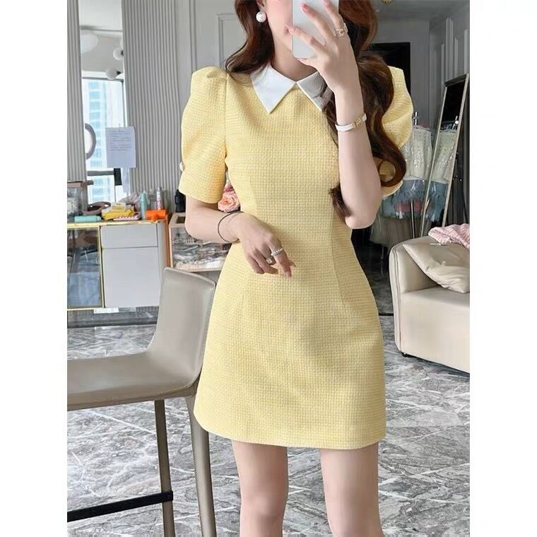 S~XL襟付きパフスリーブイエローミニワンピース | selectshop.selepuu 