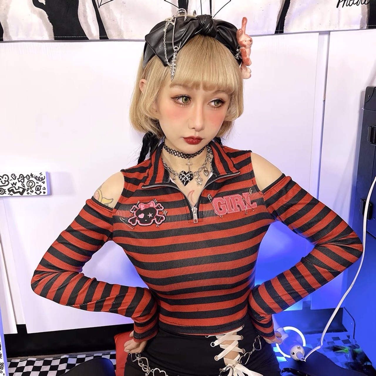 Tシャツ ボーダー 赤 ロック ドクロ オフショルダー キャミソール 