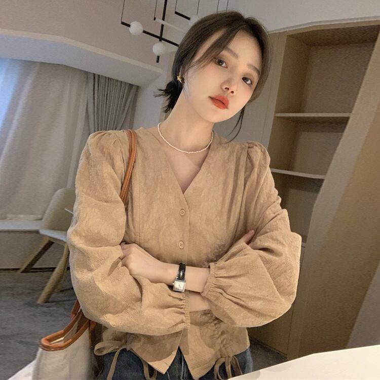 カジュアル レトロ パフスリーブ Vネック ボタン ギャザー 絞りリボン  