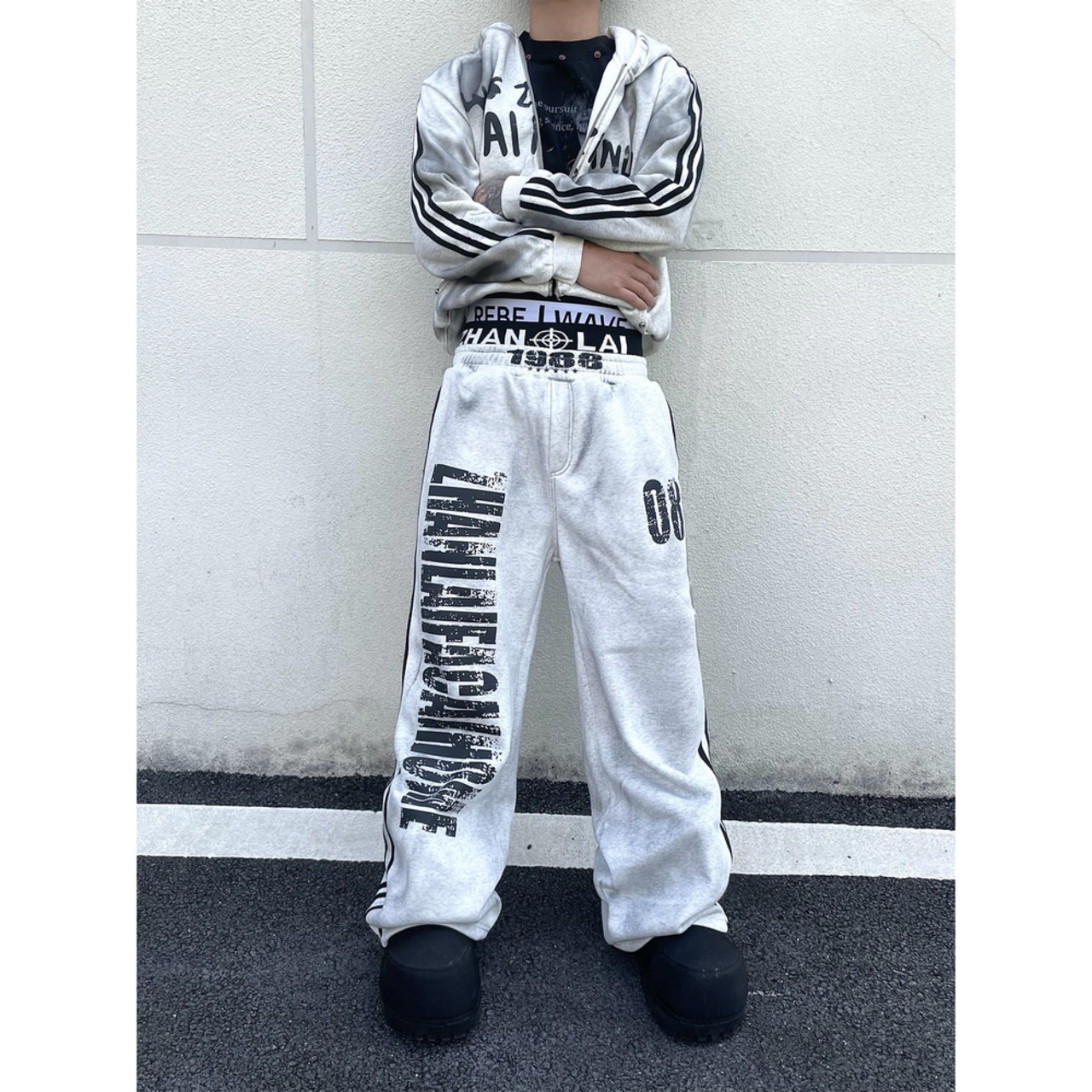 ストリート  裏起毛1986フェイクレイヤード スウェットパンツ P371