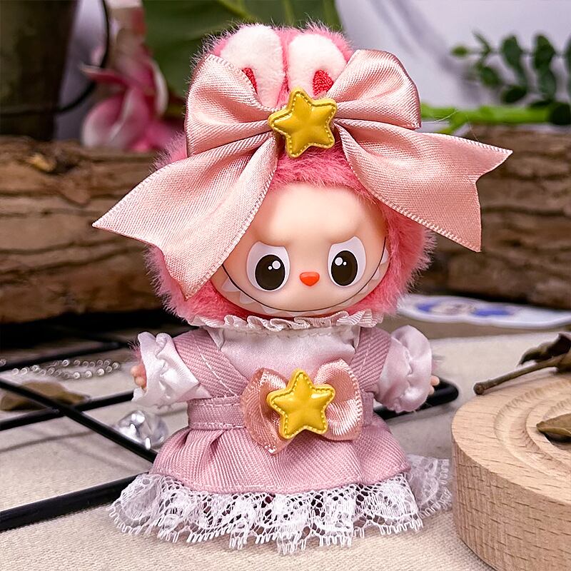 ラブブ第4世代対応 ピンク スター&レース装飾 ワンピース + リボン髪