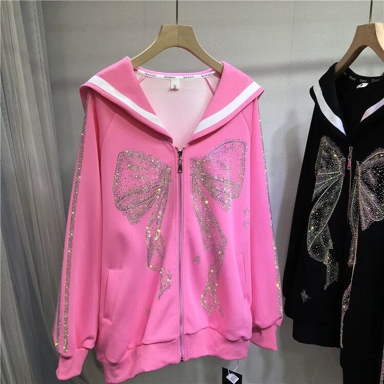 ★新品★ピンク★ラインストーンロゴスウェットパーカーワンピース (Grey/S) 黒 リボン ピンク パーカー スウェット セーラー ラインストーン