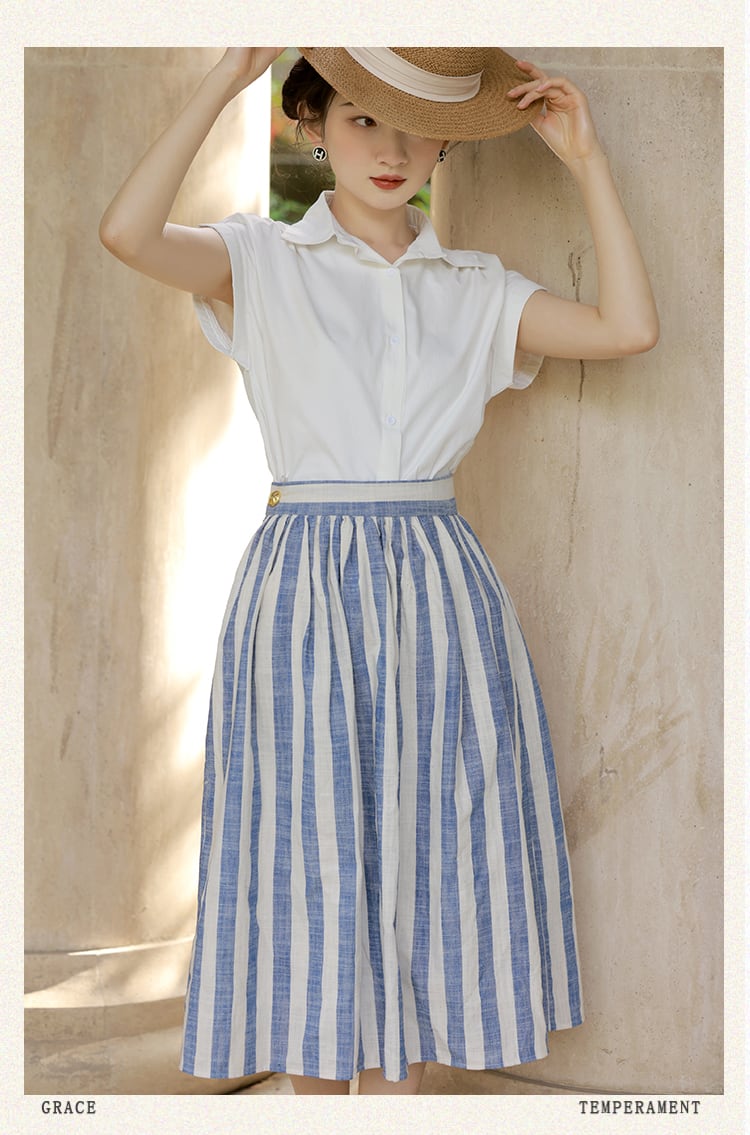セットアップ ブラウス フレアスカート 2点セット 膝下 ミモレ ミモレ丈 袖あり フレンチスリーブ 襟付き フレア Aライン 裾イン ファスナー ハイウエスト ボタン 薄手 かわいい 大人可愛い カジュアル おしゃれ お洒落 レトロ ラフ キュート ガーリー 無地 ストライプ 春 夏 10代 20代 30代 40代 50代 レディース 学生 通学 デート お出かけ 女子会 休日 アウトドア リゾート 旅行 ショッピング 着回し 普段使い 重ね着 S M L ゆったり ホワイト ブルー ブラウン
