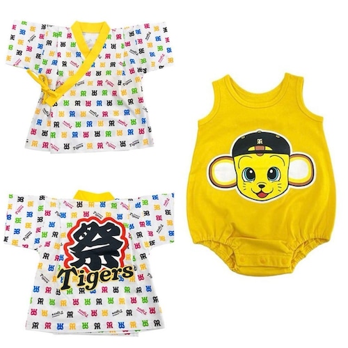 阪神タイガース 公式 はっぴ付ロンパス 黄色 80cm　キッズ 子供服 男女兼用 男の子 女の子 パジャマ じんべい 甚平 虎柄 キャラクター 夏祭り イベント なつ 夏 こども服 服 ふく 衣装