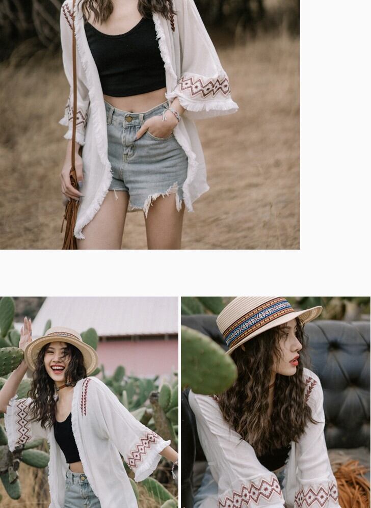 トップス カーディガン フリンジ エスニック 刺繍 七分袖 ホワイト