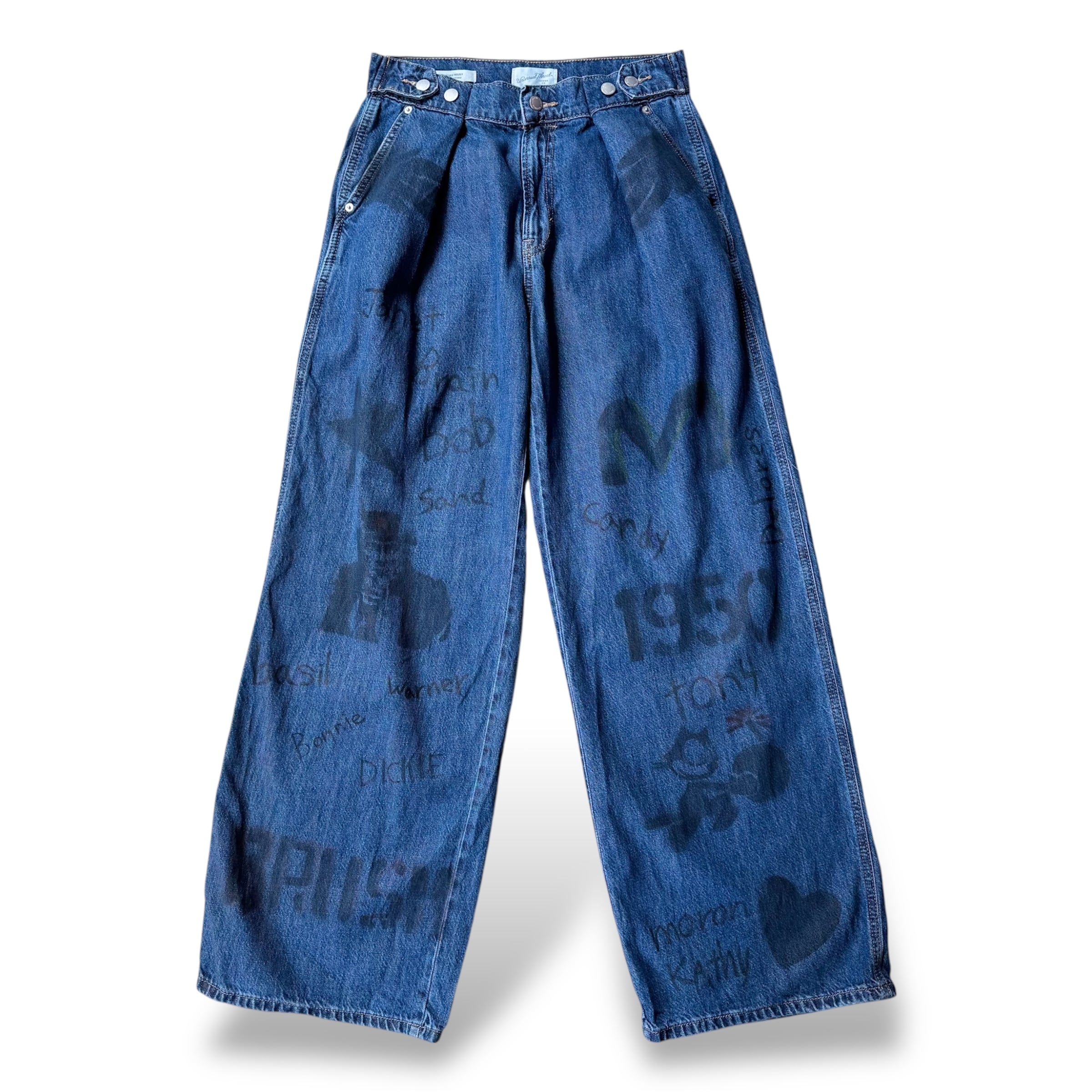 HAND PAINTED STENCIL MEMORIAL ART WIDE DENIM PANTS / ハンド