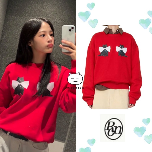 ★New Jeans ミンジ 着用！！【RONRON】RIBBON CATS SWEATSHIRTS RED