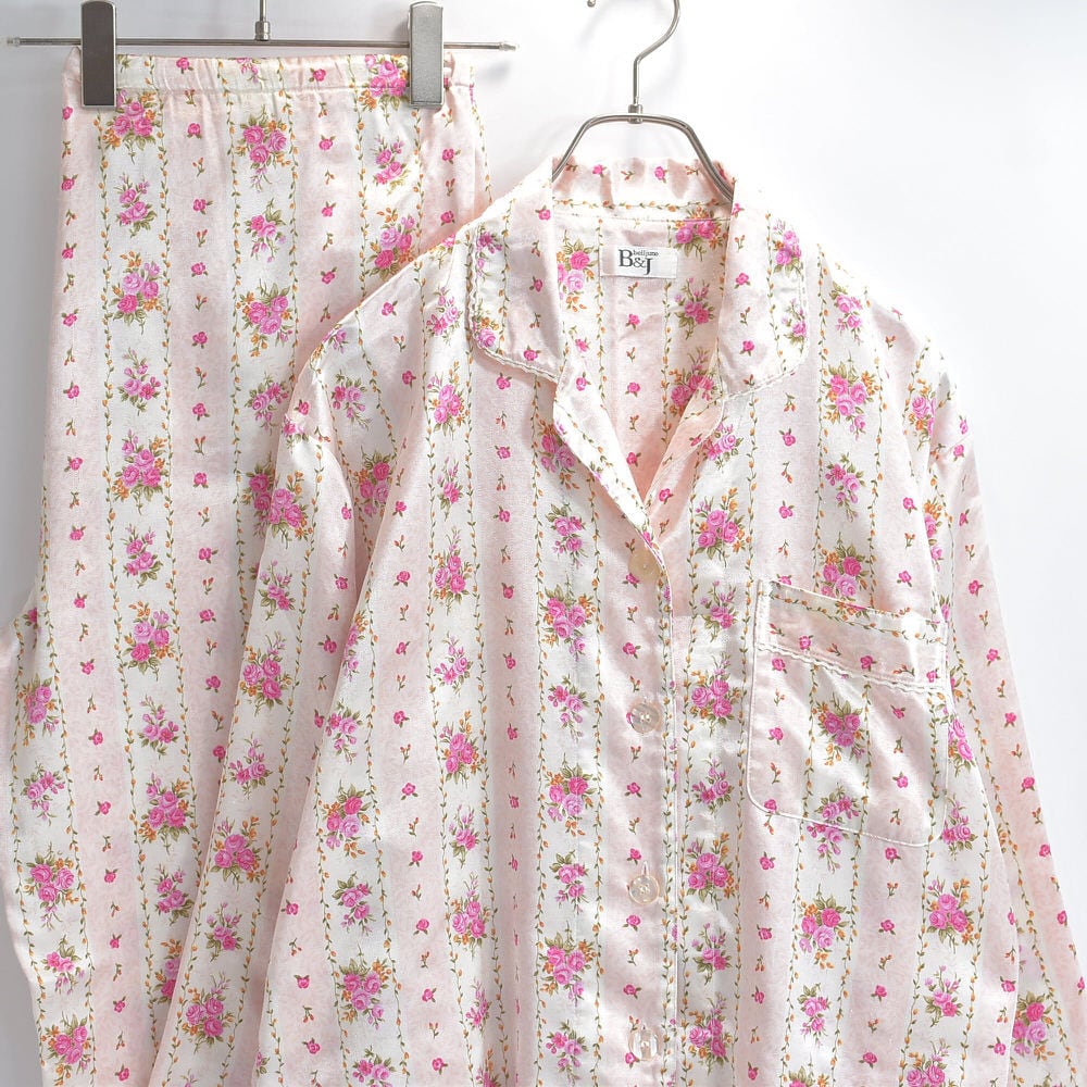 90s~ belljuno B&J ローズ ストライプ フラワー デザイン レースパイピング 総柄 サテン パジャマ シャツ パンツ セットアップ ピンク USED ジャパンヴィンテージ ビンテージ 古着 レディース