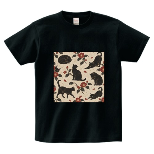 猫づくし「黒猫と椿」｜和モダン猫柄 ヘビーウェイトTシャツ・ブラック