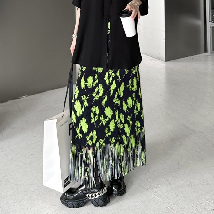 FLOWER PRINT FRINGE HEM LONG SKIRT 1color M-7229