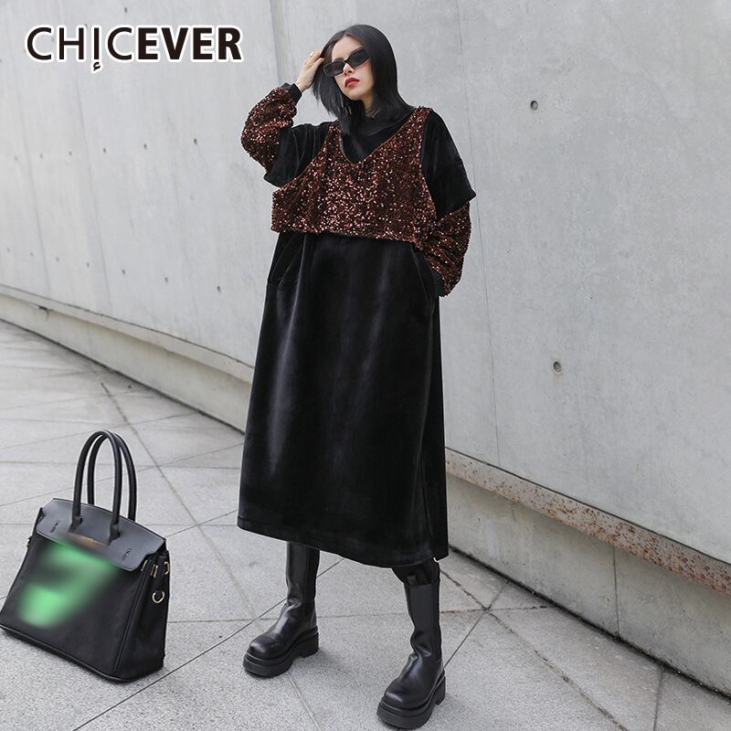CHICEVERパッチワークフェイクツードレス女性スタンドカラーランタンスリーブスパンコールヴィンテージルーズドレス秋 オータム 秋物 ビンテージ 6base566397436023