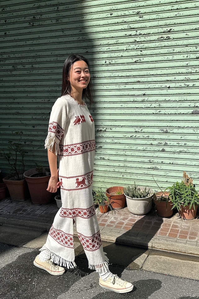 1970’s ハンドメイド 刺繍フリンジ ショートスリーブ ワンピース