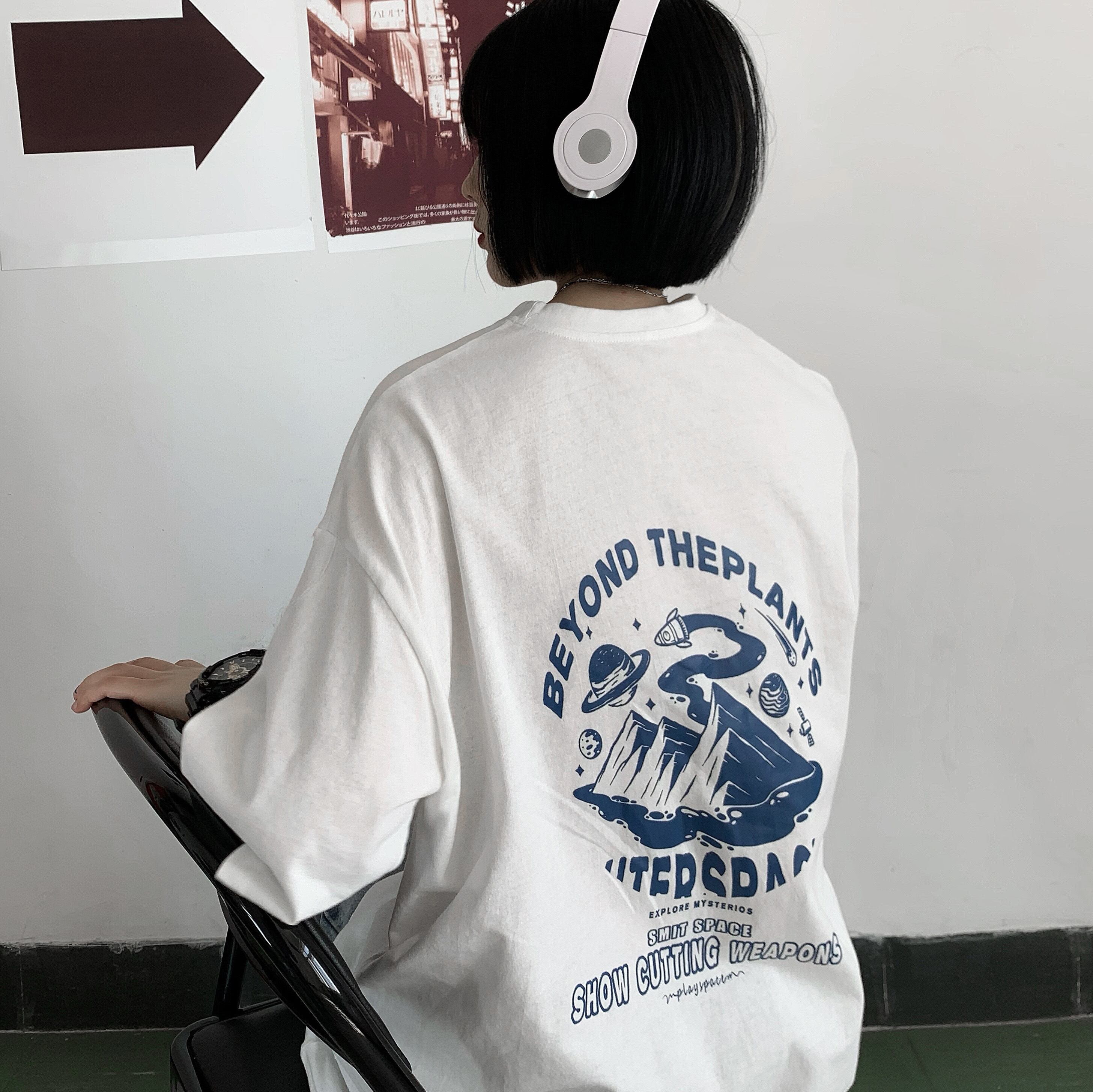 スタンダードプリント柄ラウンドネックルーズ半袖スリーブTシャツ レトロ ハーフスリーブ Oネック ケッペル74073473464