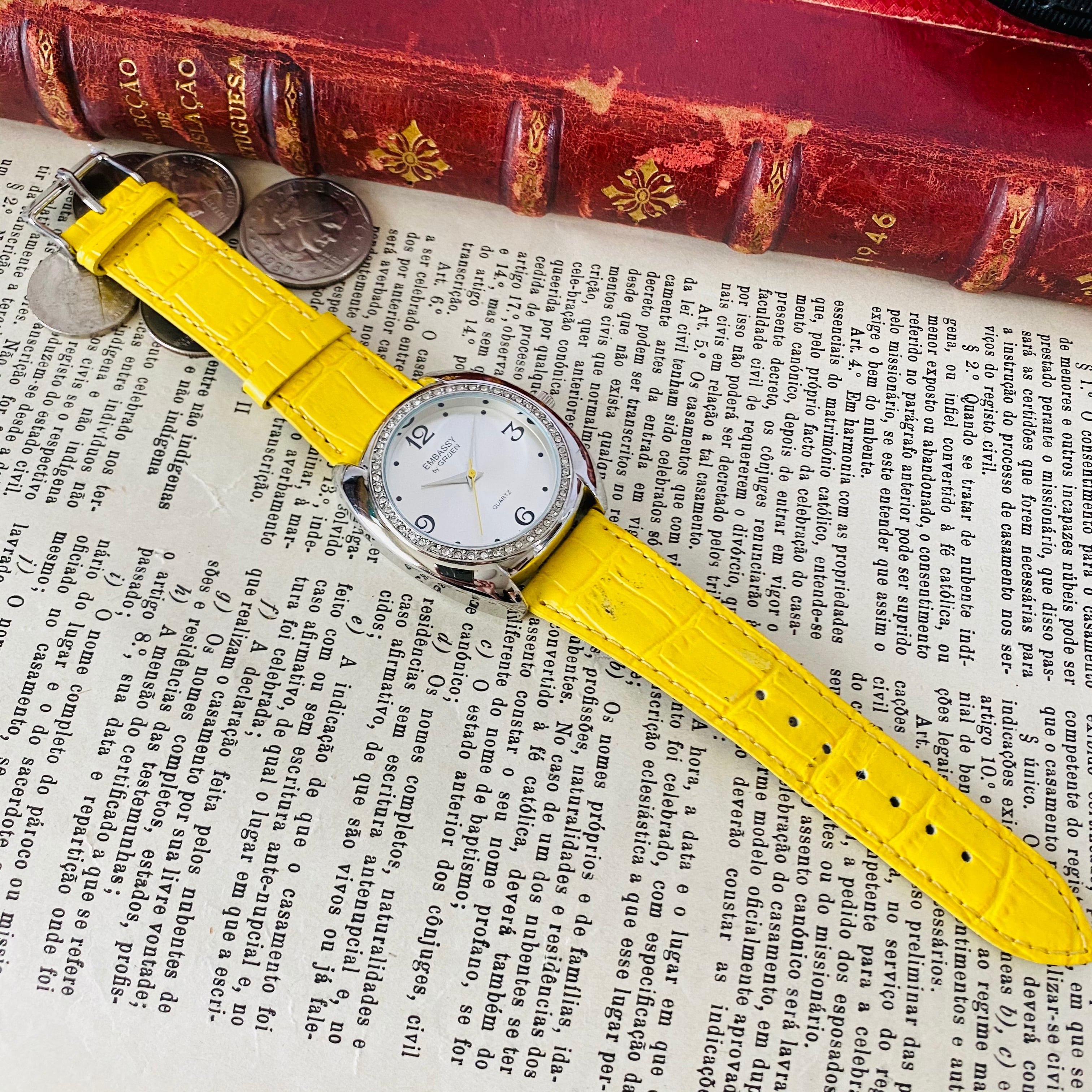 高級時計グリュエン】Embassy by Gruen 黄色 クォーツ デイト 腕時計