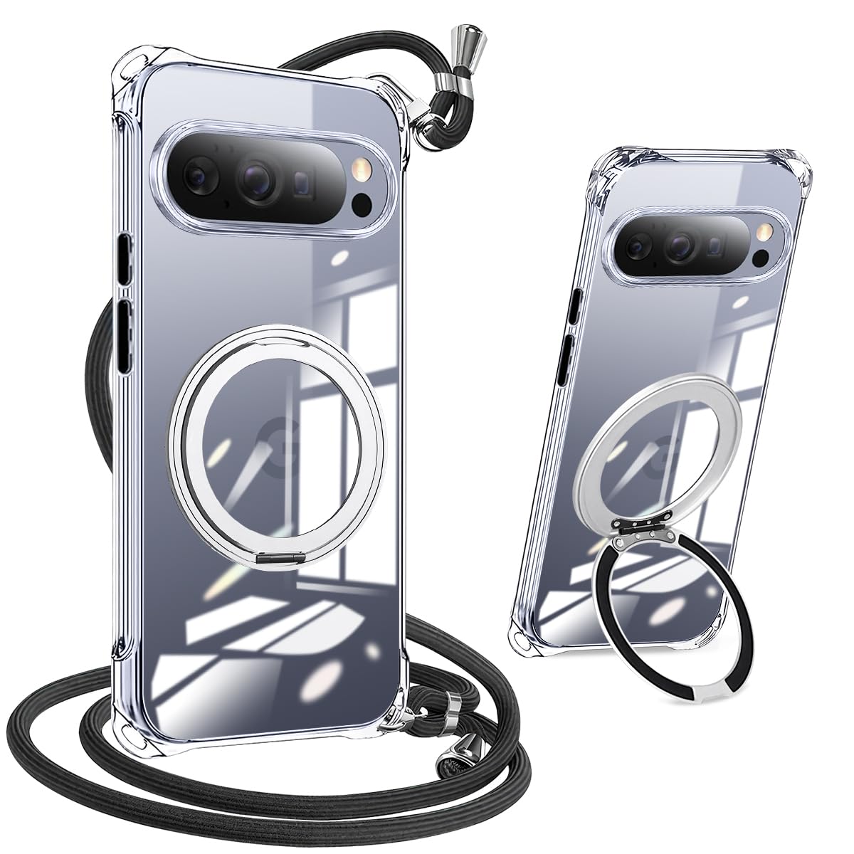 nahailun ケース クリア Google Pixel 10 Pro XL 用の 軽量 ショルダー付き ピクセル 10 プロ XL カバー 耐衝撃ソフト TPU カバー ベーシック 肩掛け 斜めがけ 付き 調節可能なショルダー トーラスホルダ スタンド機能 120°反転 360°回転 全面保護 薄型 黄変しにくい (透明)