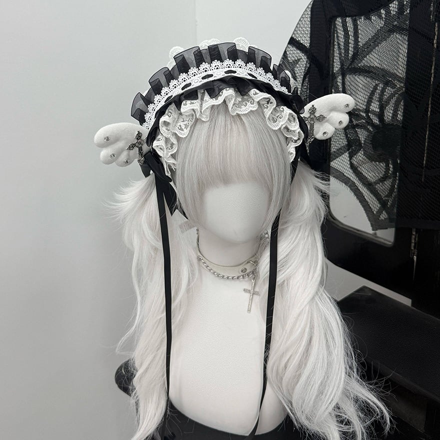 ゴスロリ ヘッドドレス 天使の羽×十字架チャーム 水色×黒 ライブ向け