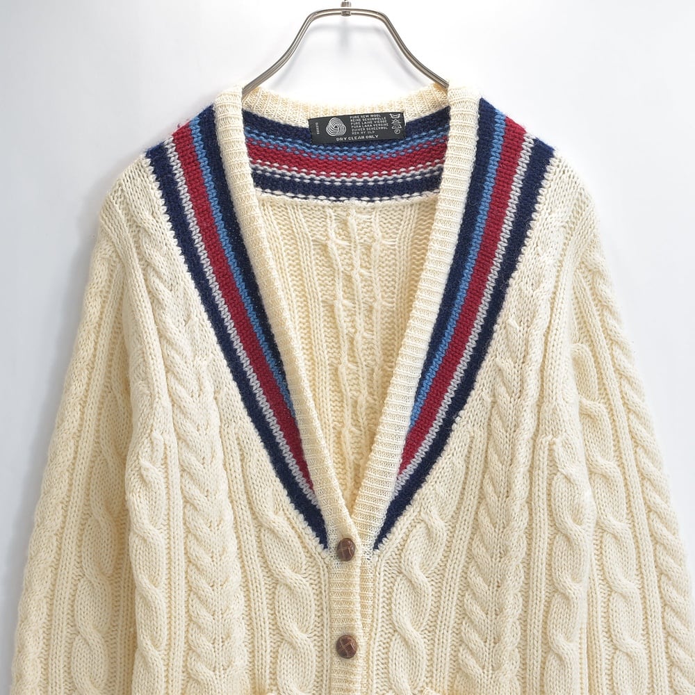 80s-90s Tilden cardigan ケーブル編み Vネック ライン ウール オフホワイト ヴィンテージ ビンテージ 古着 レディースMサイズ相当