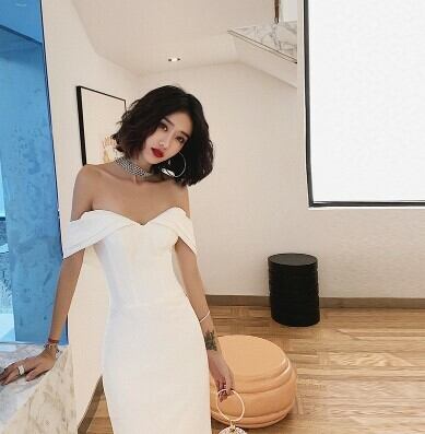 エレガント イブニングドレス ホワイト マーメイドライン オフ  