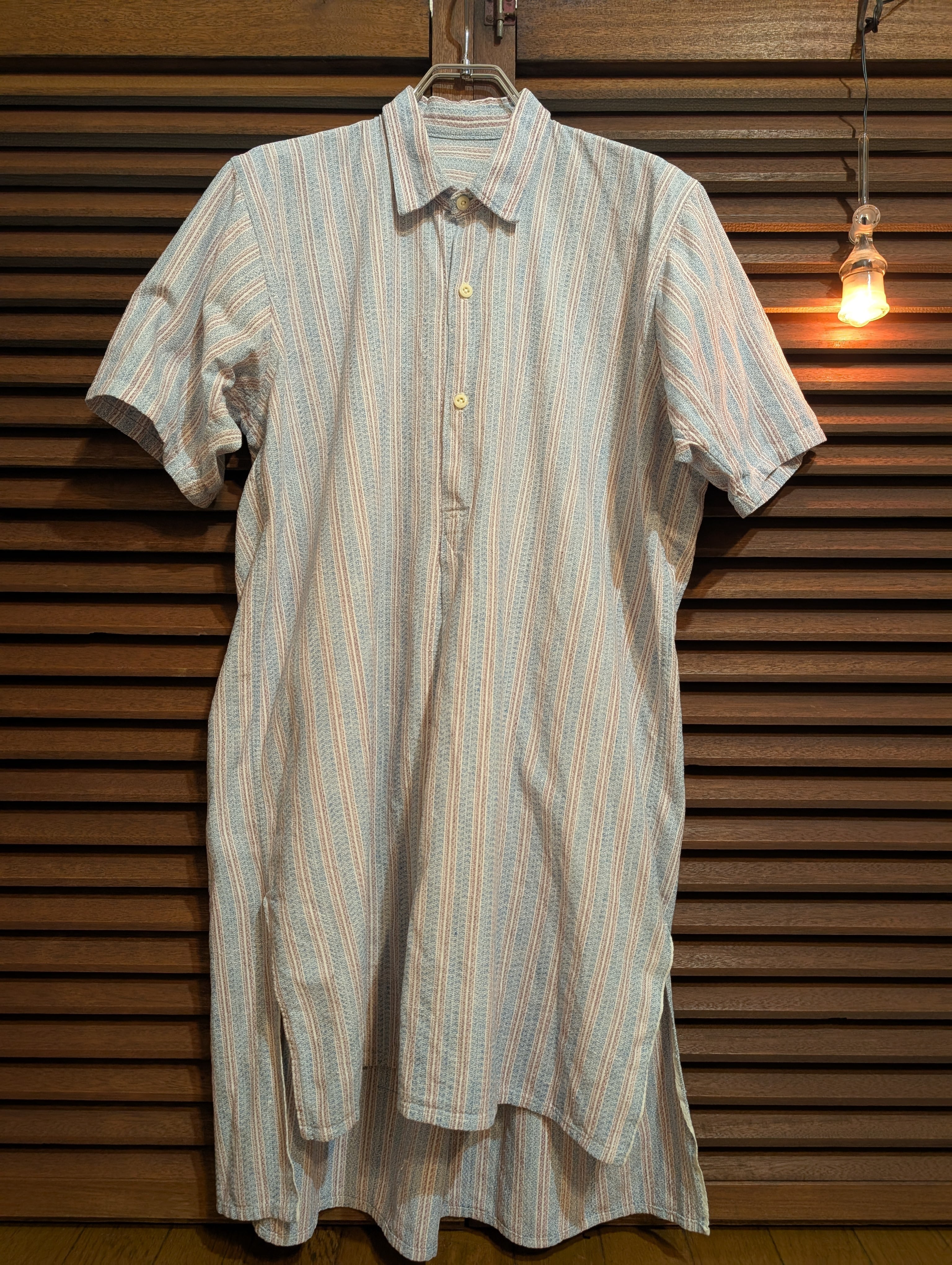 40s France Grandpa Shirt Striped Milkglassbutton Short Sleeves