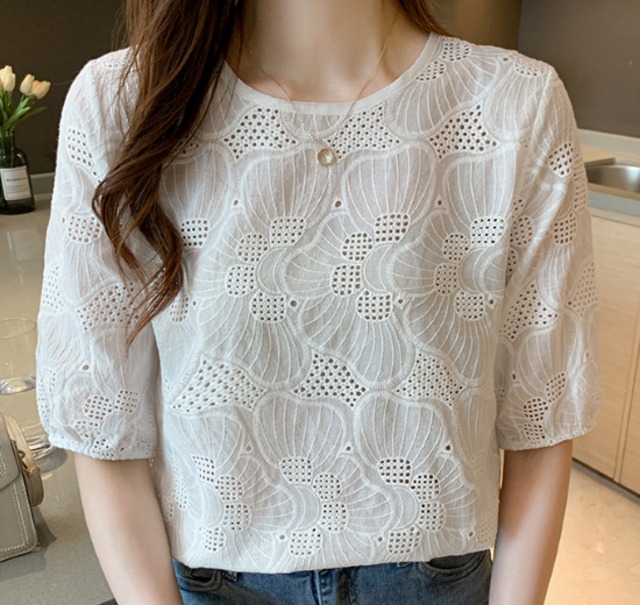 LAUREN リネン100% ボビンレース刺繍風 ピンタックシャツ スキッパー-