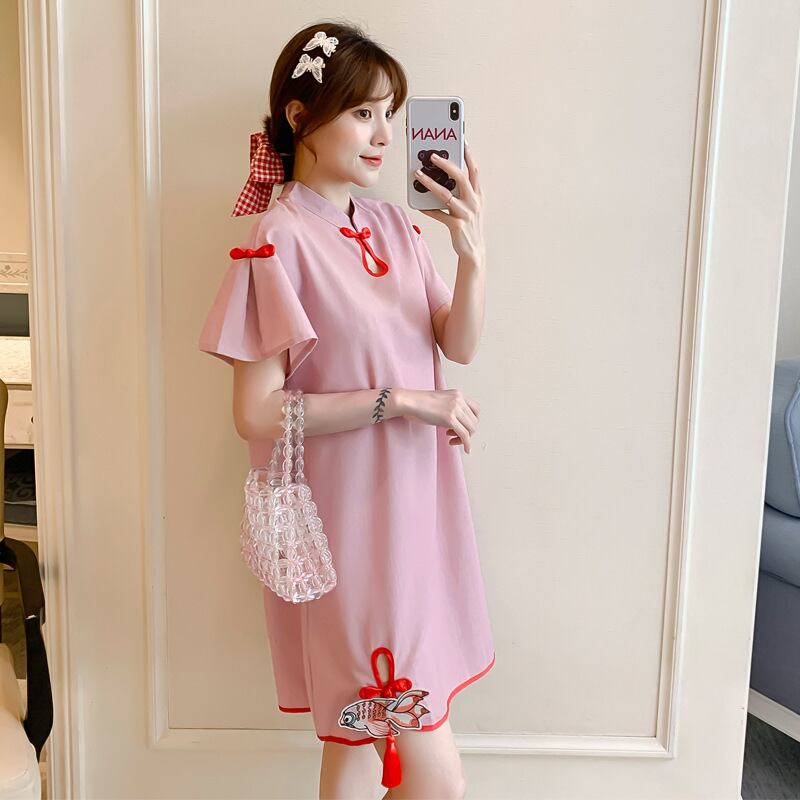 【新作】【送料無料】 マタニティウェア2020夏の新しいスタンドアップカラーボタン付きミドル丈ドレスファッション改良チャイナドレス妊婦-アリババ サマー 夏物 expec290179198104