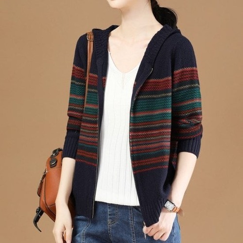 ジップアップ パーカー ニット カーディガン エスニック フード付 ファスナー 前開き レディース 秋冬 セーター ボーダー カジュアル 大人 トップス 羽織 大きいサイズ