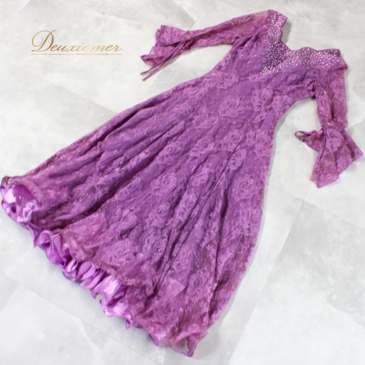 社交ダンス 衣装 スタンダード ドレス ワンピース パーティドレス レディース レース 紫 パープル系 Leirena レイリーナ 花柄 ラインストーン ディープパープル 花柄レース ふんわりスカート シックな印象 セクシー 衣装用ドレス ダンスパーティー コスチューム 大人用 舞台衣装 エレガント 結婚式 フォーマル