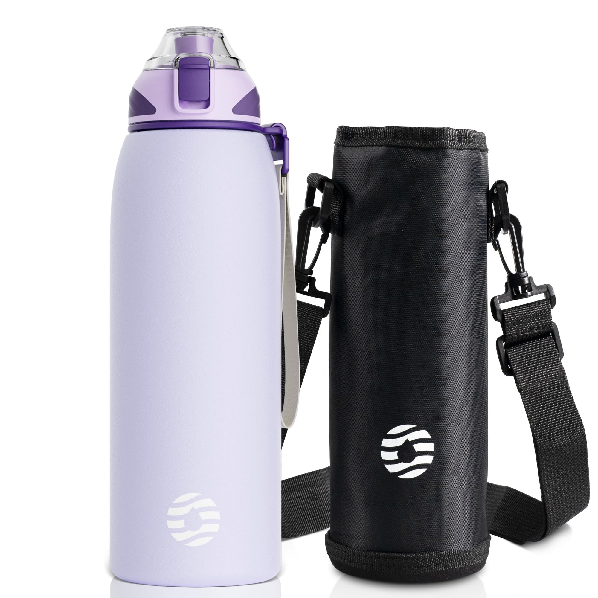 【特価処分】FJbottle 水筒 1000ml 真空断熱 ワンタッチ スポーツボトル 1L 保温 保冷 スポーツ飲料対応 広口 洗いやすい ステンレスボトル 水筒カバー 洗浄用スポンジ付き 女の子 男の子 おしゃれ 大人 子供 パープル
