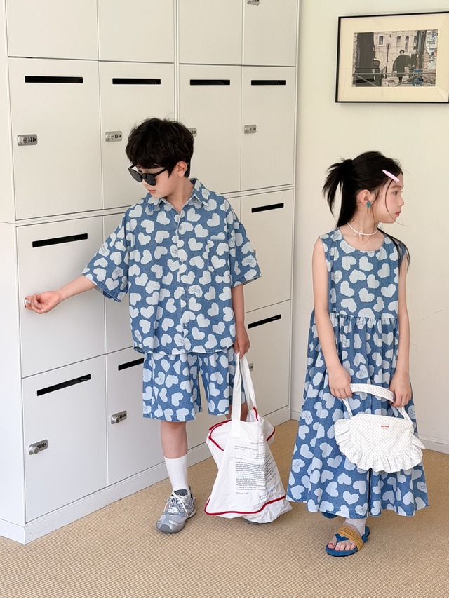 【兄妹服】ハート総柄デニムセットアップ／ワンピース - 9