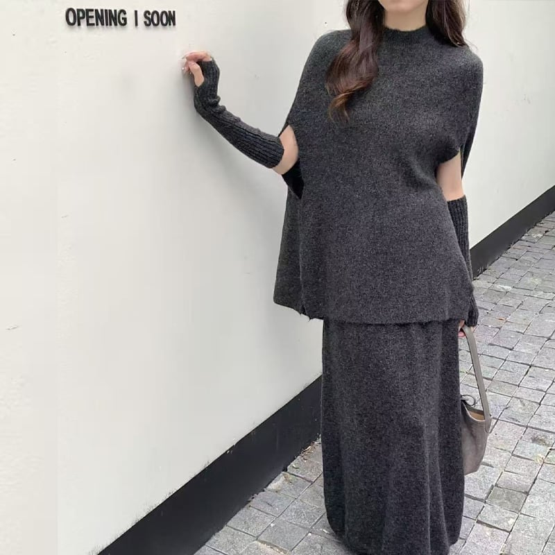 【set】アームウォーマー付きニットトップス×ロングスカートセット Q7874