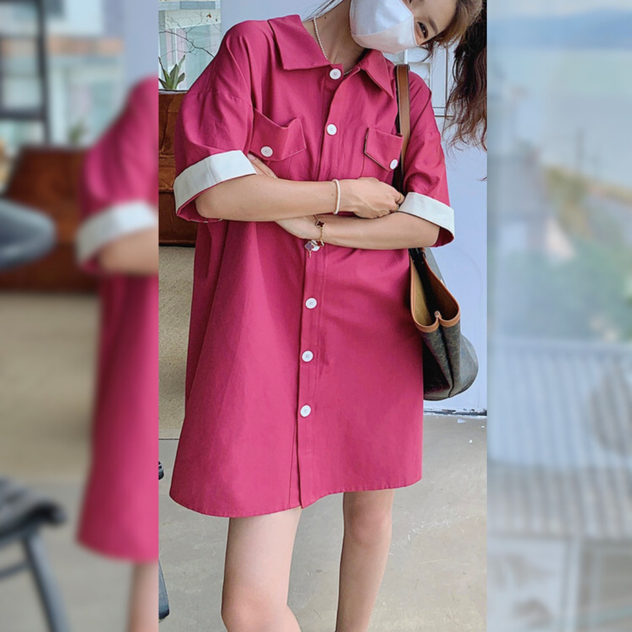 Flamingo-Colored Workwear Shirt Dress 5007