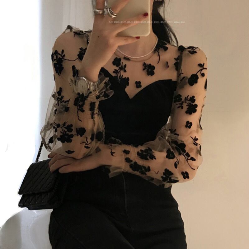 レースシャツ スタイルスタンダードカラーベルベットメッシュFlowerデザイン レトロ フラワーデザイン ステッチ YY-ファッション56006654813