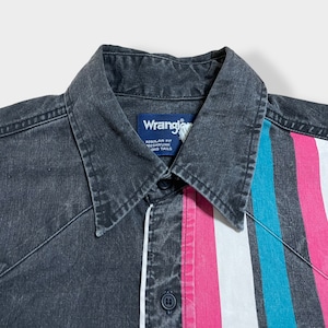 【Wrangler】ストライプシャツ クレイジーパターン ウエスタンシャツ デニムシャツ コットンシャツ 長袖 切替 カジュアルシャツ フラップポケット マルチカラー X-LARGE ラングラー US古着