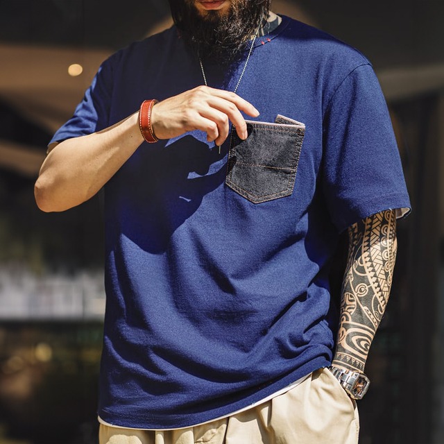 Heavy cotton indigo dyed denim patch pocket t-shirt 00341
