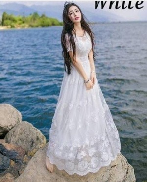 送料無料 未使用 発表会 舞台衣装 パーティ フォ－マル 総刺繍 レース ロング ワンピ－ス M 9号 [OPN2459]