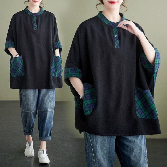 CONTRAST STITCH STAND COLLAR HALF BUTTON 3/4 SLEEVES PULLOVER 1color M-14138
