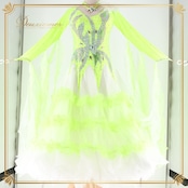 社交ダンス 衣装 スタンダードドレス ワンピース ドレス スタンダード フロート レース フリル 黄緑 蛍光 ホワイト 白 デモ 競技 ダンス パーティ 発表会 グリーン系 蛍光カラー ふんわり 華やか コスチューム フェスティバル 舞台衣装 発表会用 デモ用衣装 ダンス衣装 社交ダンス用 フェミニン 可愛い 競技用