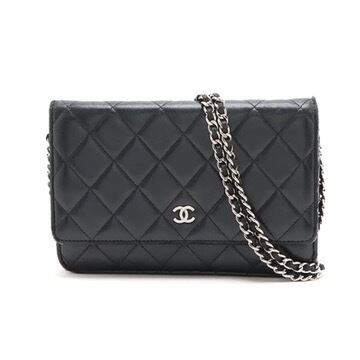 Extremely Rare ◇ CHANEL Matelassé Lambskin Chain Wallet Shoulder Bag, Black and Silver, Unisex