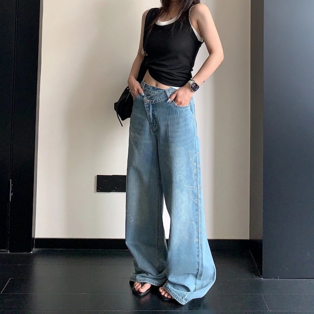 アシメウエストラインレタリングワイドデニムパンツ 1col R02698