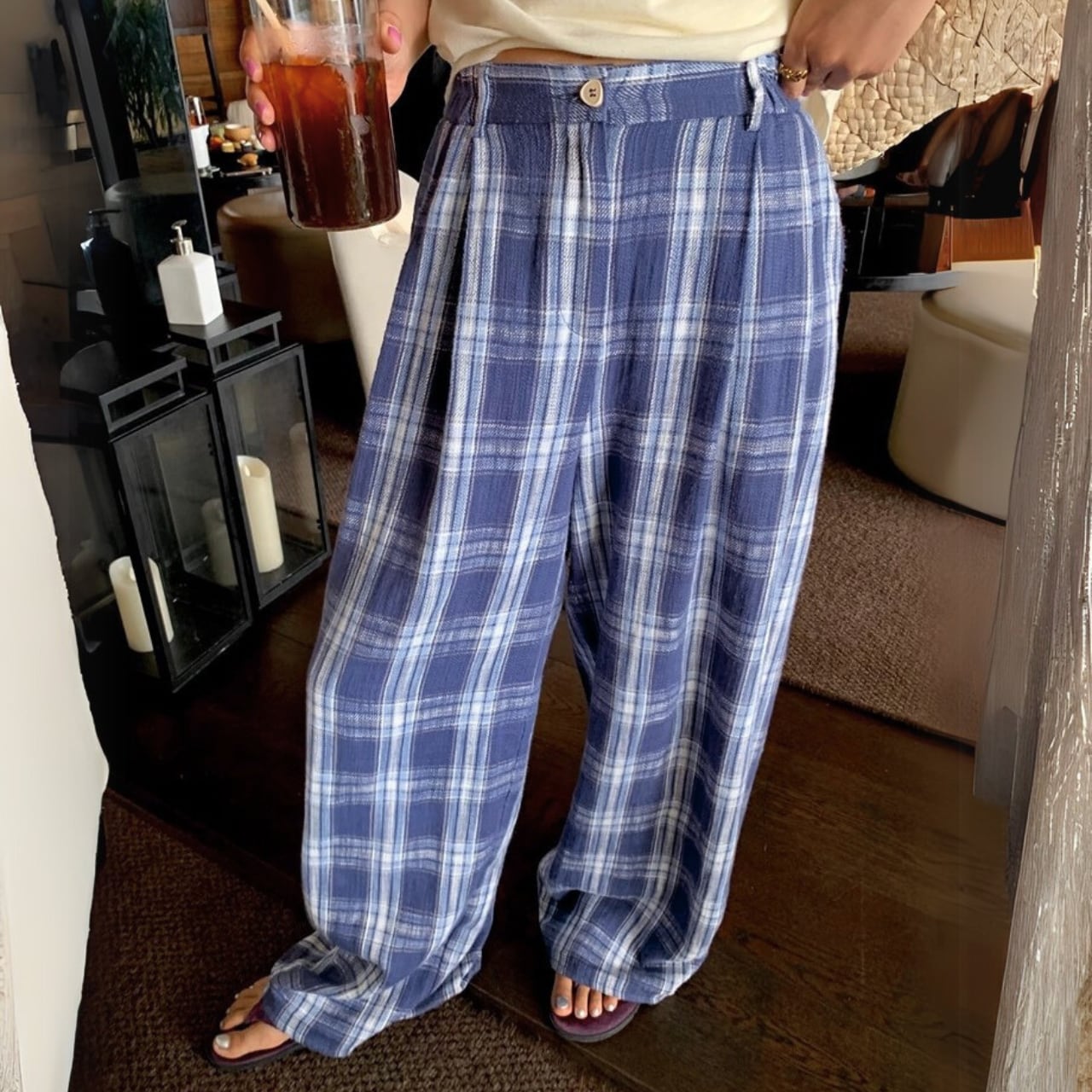 ブルーチェックリラックスワイドパンツ R01184