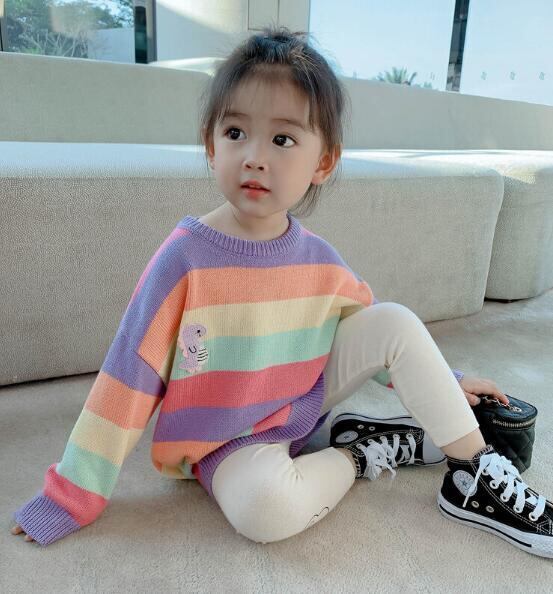 虹ワンピース 子供セーター ボーダー 秋冬キッズ 韓国ファッション