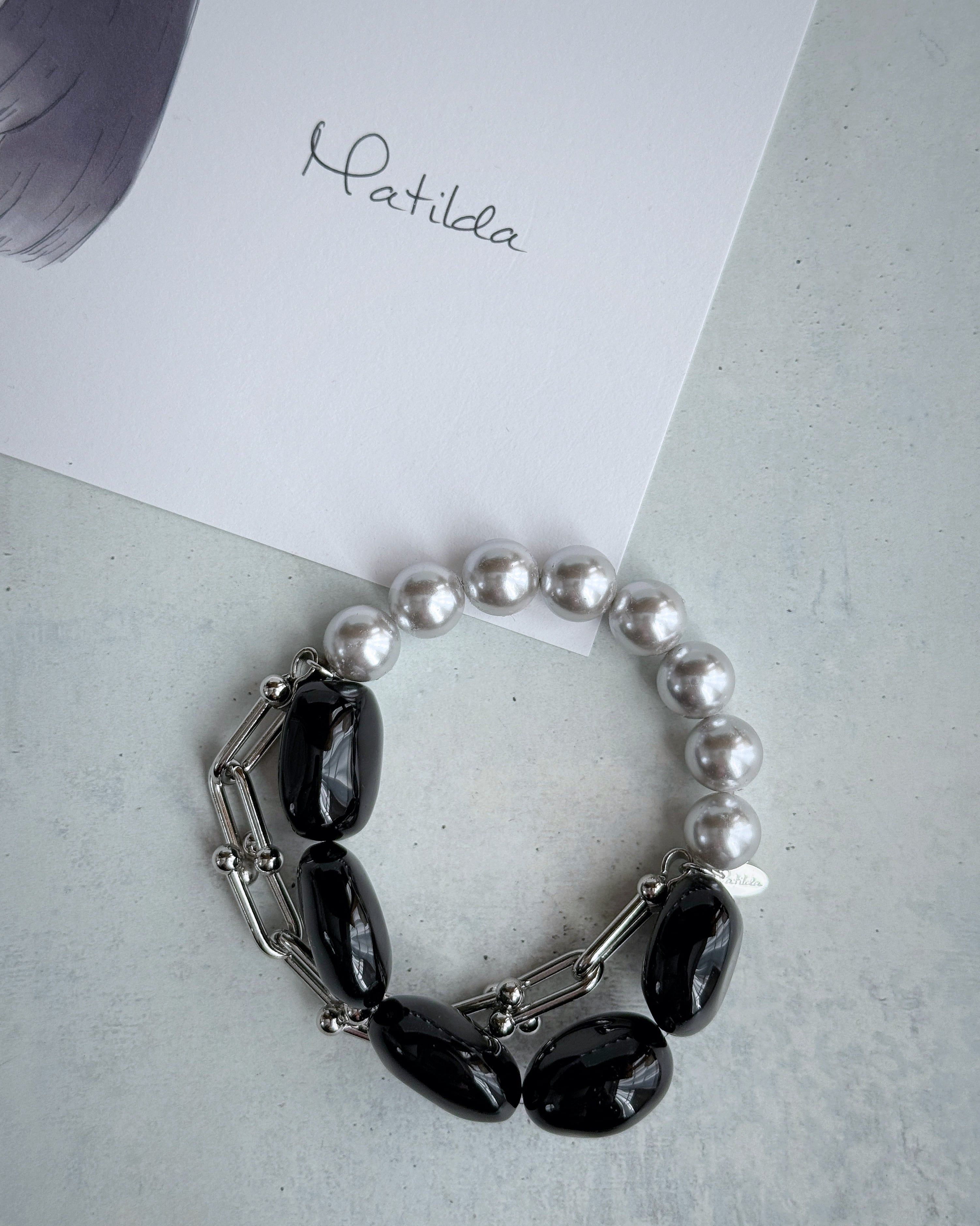 【再販】Chain & stone bracelet(オニキス×貝パール)