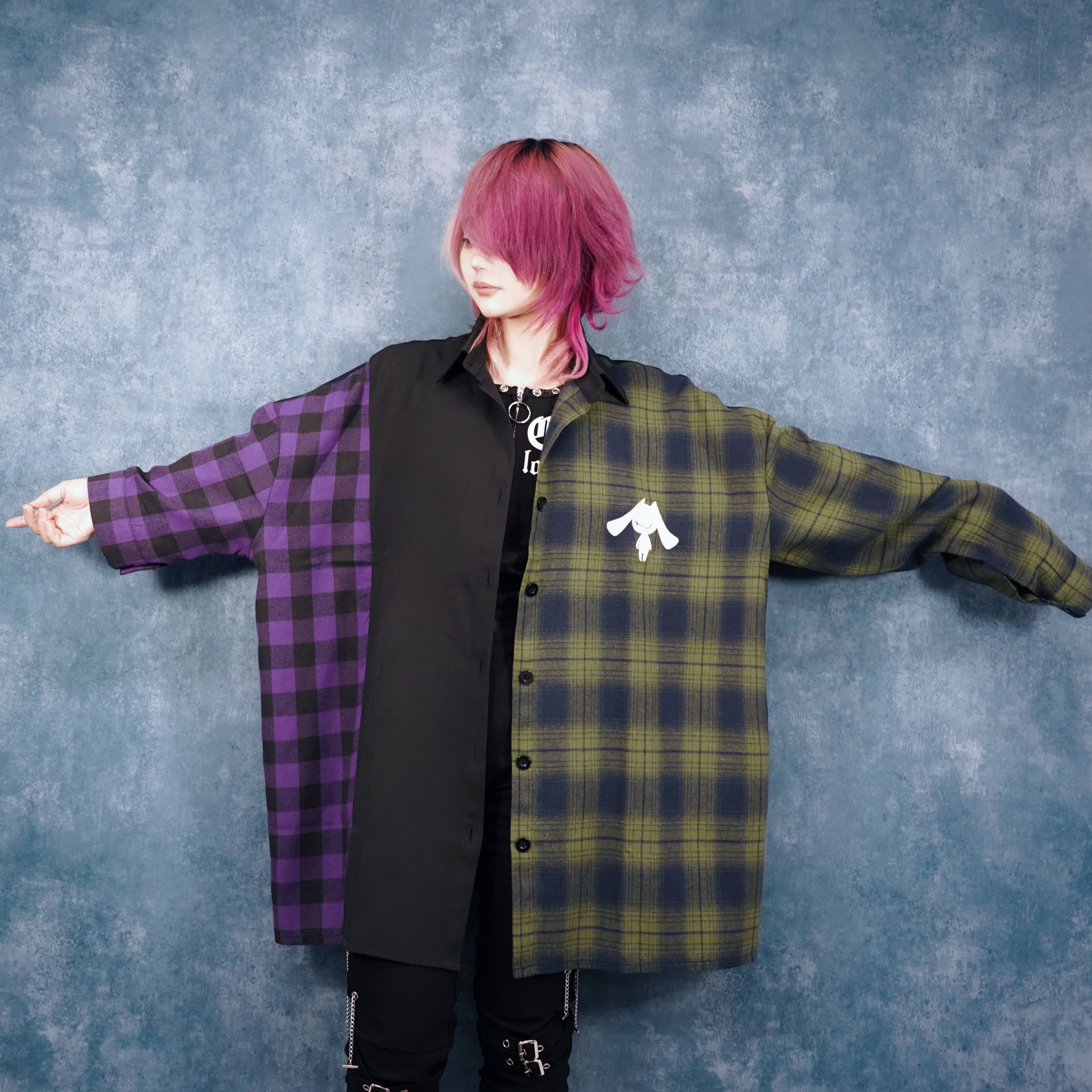 IamI 切替チェックシャツ♥︎ オープンジップフェイクレイヤーアシンメトリーチェック柄シャツカットソー