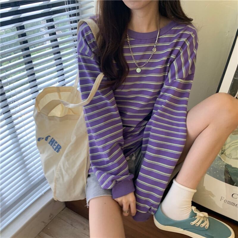 オータムTシャツ ストライプカジュアルセーター スプリング薄手トップス 春物 秋物 萌量不足37401558473