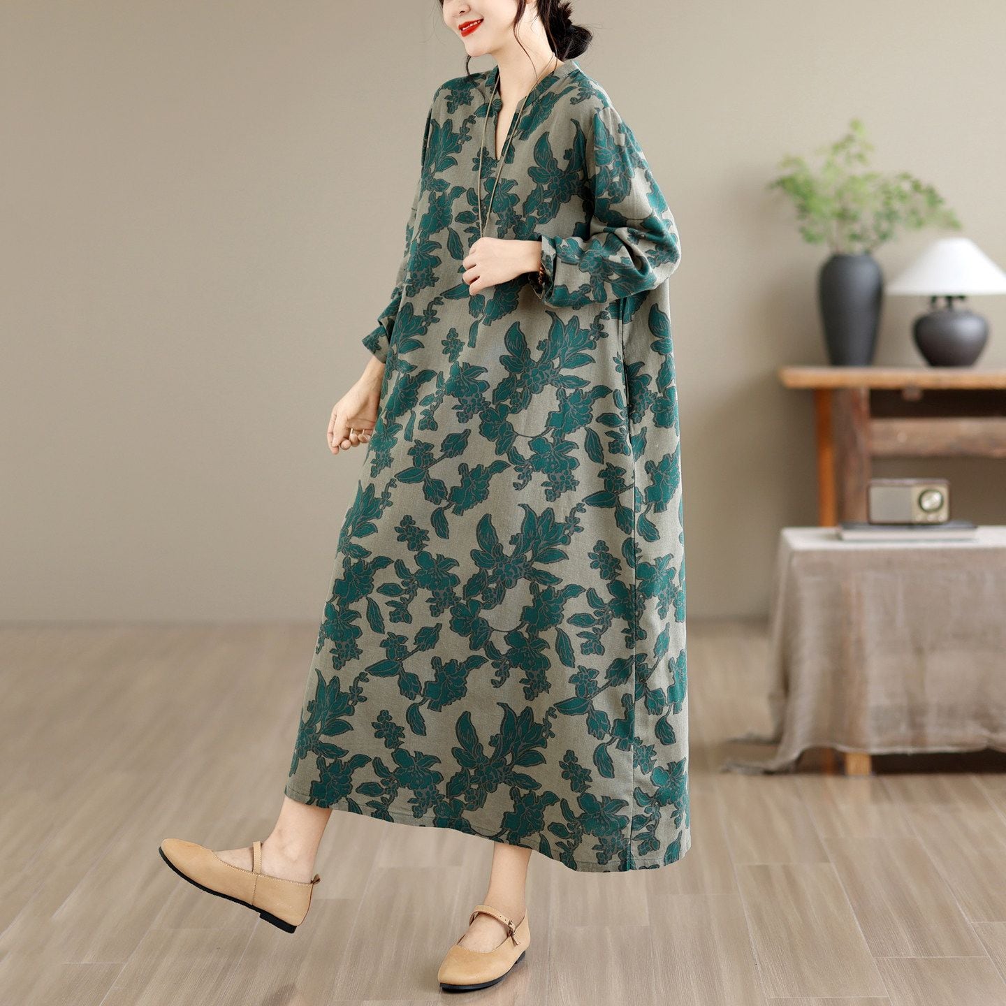 VINTAGE PRINT LONG SLEEVES RELAXED LINEN DRESS M-18152
