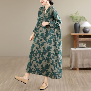 VINTAGE PRINT LONG SLEEVES RELAXED LINEN DRESS M-18152