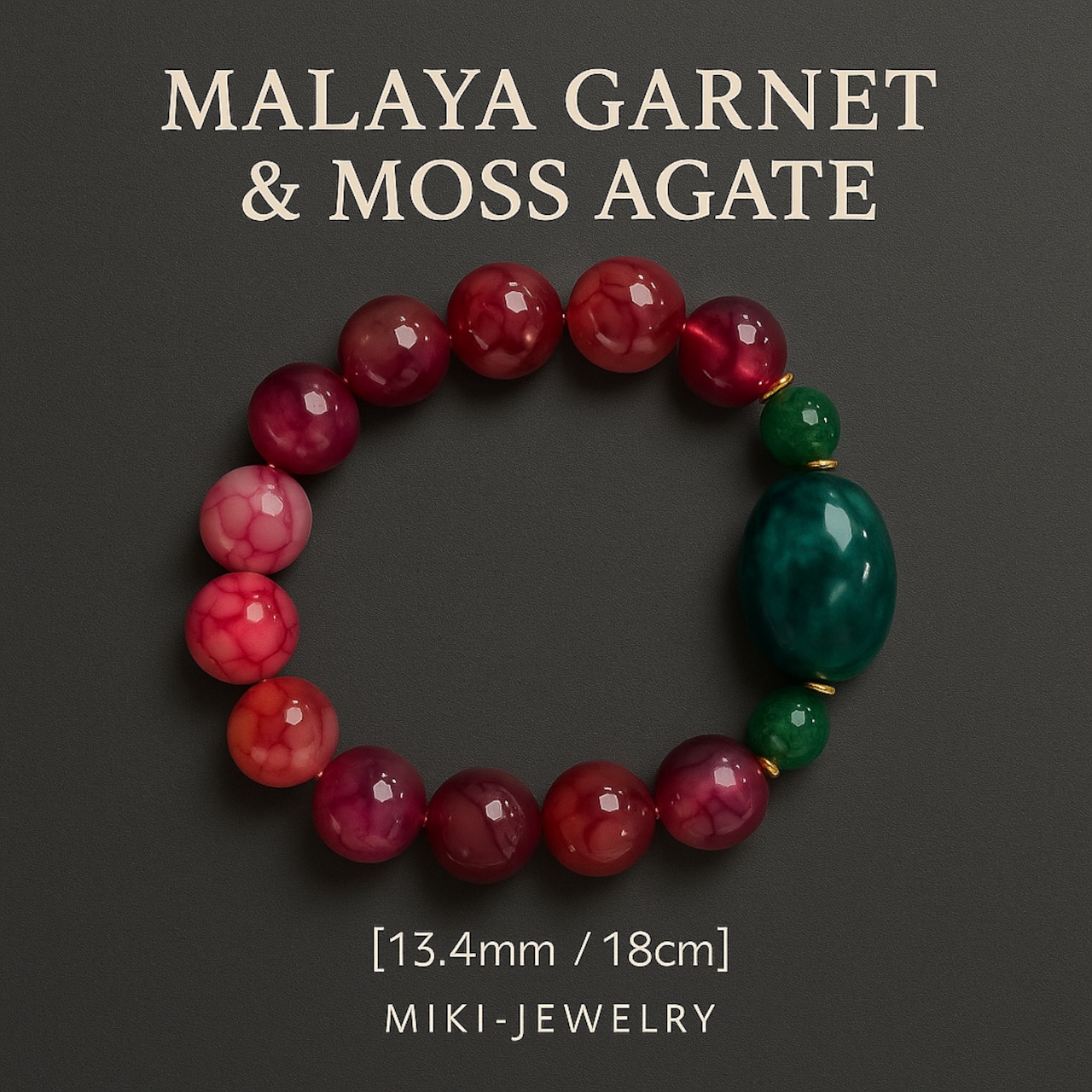揺るがぬ大地に、情熱の灯をともす調和の石 MIKI-JEWELRY モスアゲート〈ガーネットカラー〉ブレスレット|14mm/16cmMoss Agate “Forest Garnet” Bracelet